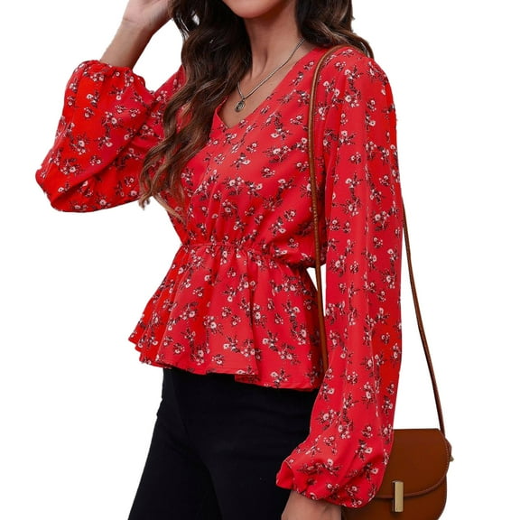 Print V Neck Wrap Top Lantern Long Sleeve Ruffle Hem Women Floral Print Wrap Blouse for Female Small Bouquet of Flowers On Red Background XL