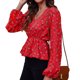 thumbnail image 1 of Imprimir V cuello Wrap Top linterna manga larga volante dobladillo mujeres impresión Floral Wrap blusa para mujer pequeño ramo de flores sobre fondo rojo M, 1 of 6