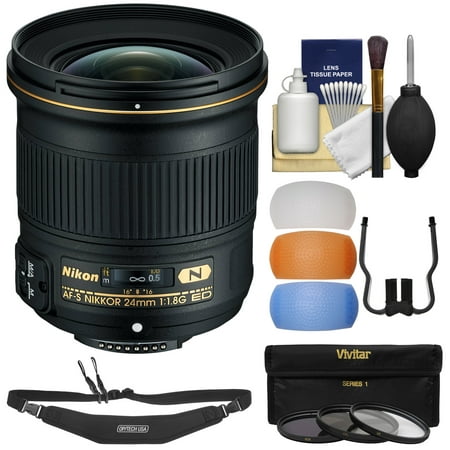 Nikon 24mm f/1.8G AF-S ED Nikkor Lens with 3 Filters + Strap + Flash Diffusers + Kit for D3200, D3300, D5300, D5500, D7100, D7200, D610, D750, D810, D4s DSLR