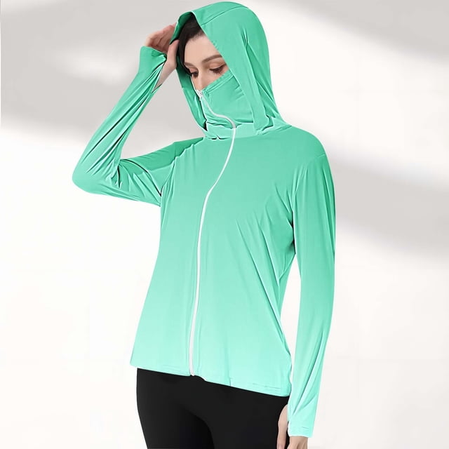 Chaquetas y prendas de vestir exteriores informales con capucha y manga larga de color degradado para mujer, con capucha y hebilla para el pulgar, ropa de protección solar, parte superior de poliéster