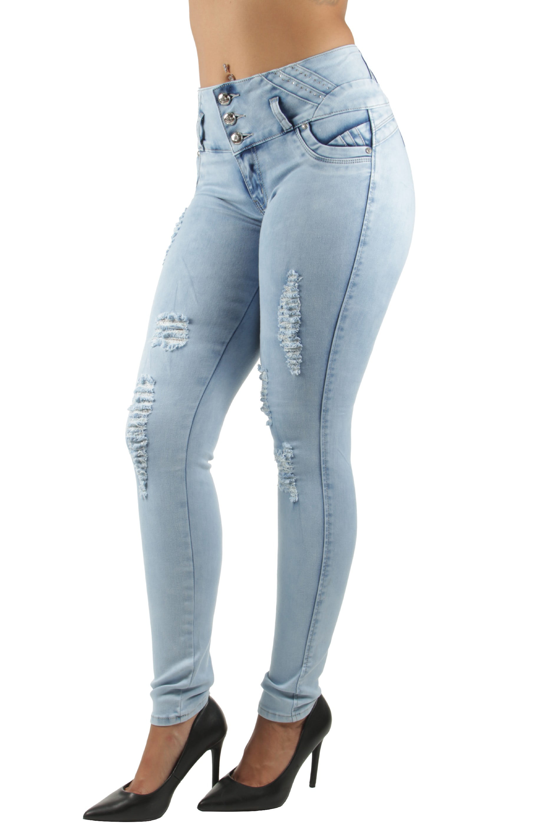 Destroyed Ripped Butt Lift Women's Juniors Push Up Skinny Jeans Mid Waist 