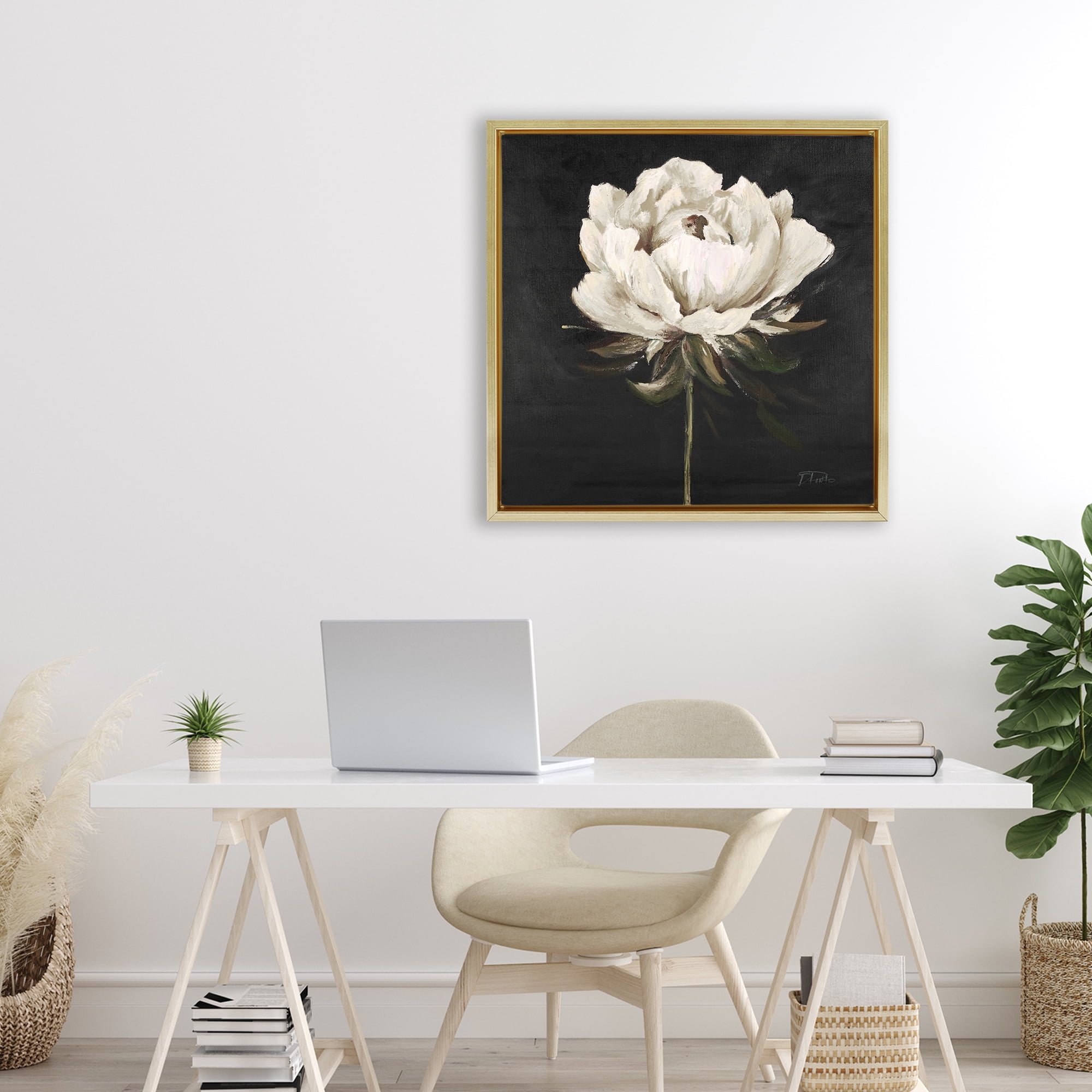 Stupell Industries Pretty Delicate Bloom on Black Gold Framed Floater Canvas Wall Art, design by Patricia Pinto