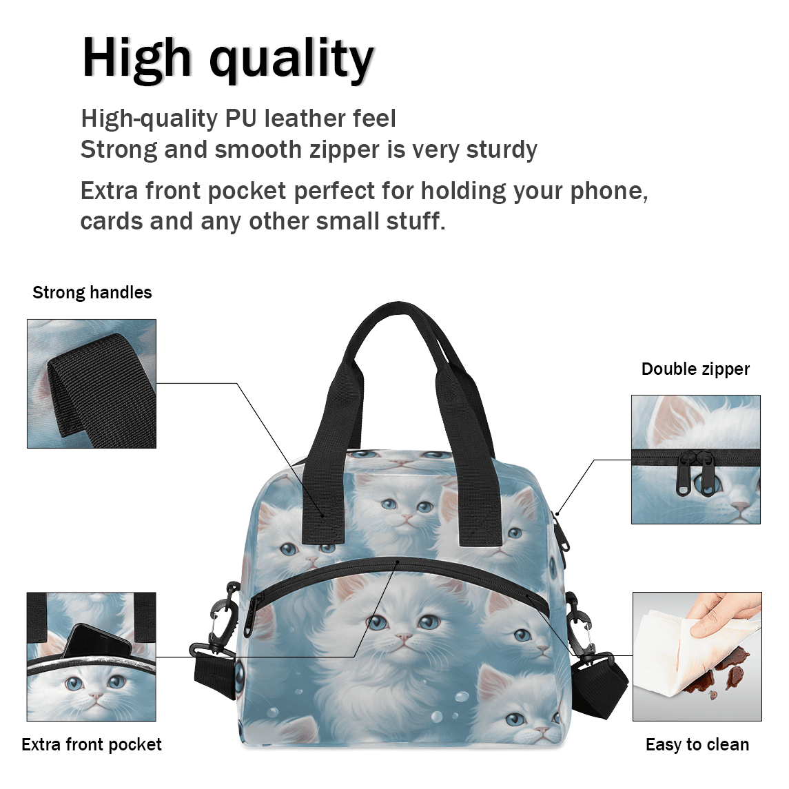 Herdesigns Cat Insulated Lunch Bag for Women Men Adults Large Reusable Lunch Box Cute Cat Leakproof Cooler Tote Bags with Adjustable Shoulder Strap