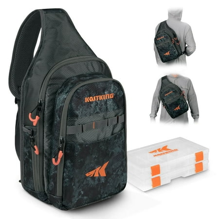 KastKing Pond Hopper Fishing Sling Tackle Storage Bag with 2 Tackle Boxes Lightweight Sling Fishing Backpack-Sling Tool Bag for Fishing Hiking Hunting Camping 17.7X 12.6X 6 Inches