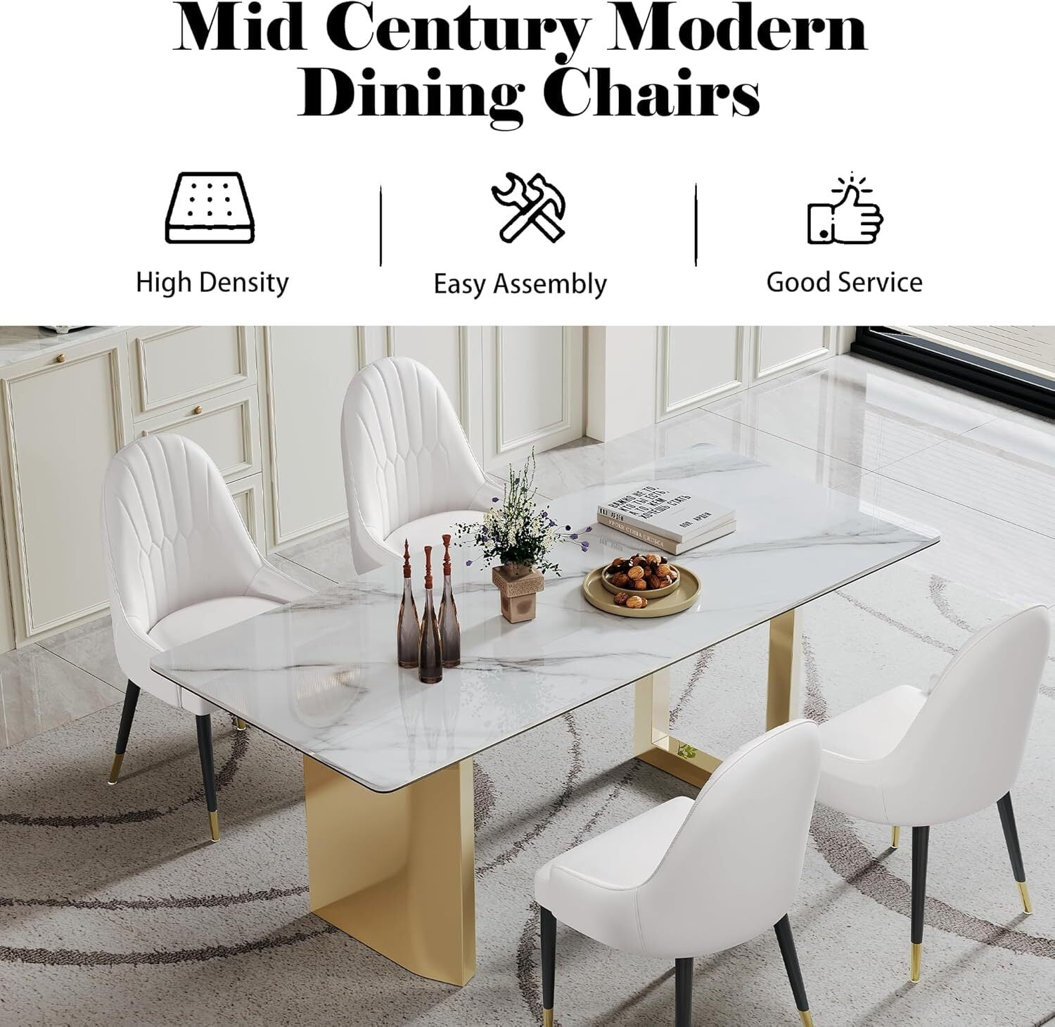 2-Piece Dining Chairs Set, White PU Faux Leather Upholstery with Metal Frame, Modern Design for Kitchen, Living Room, Office