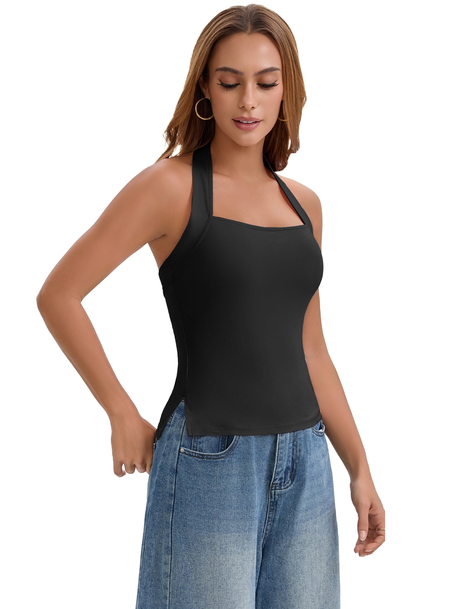 DARING DIVA Women's Halter Tank Top Sleeveless Square Neck Fitted Summer Top L Black