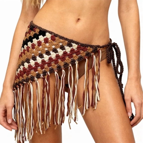 Vintage Bohemian Color Block Crochet Fringe Wrap Skirt, Hollow Out Side Tie Knit Tassel Hip Scarf, Women Hippie Beach Bikini Sarong, Summer Festival Rave Waist Scarf