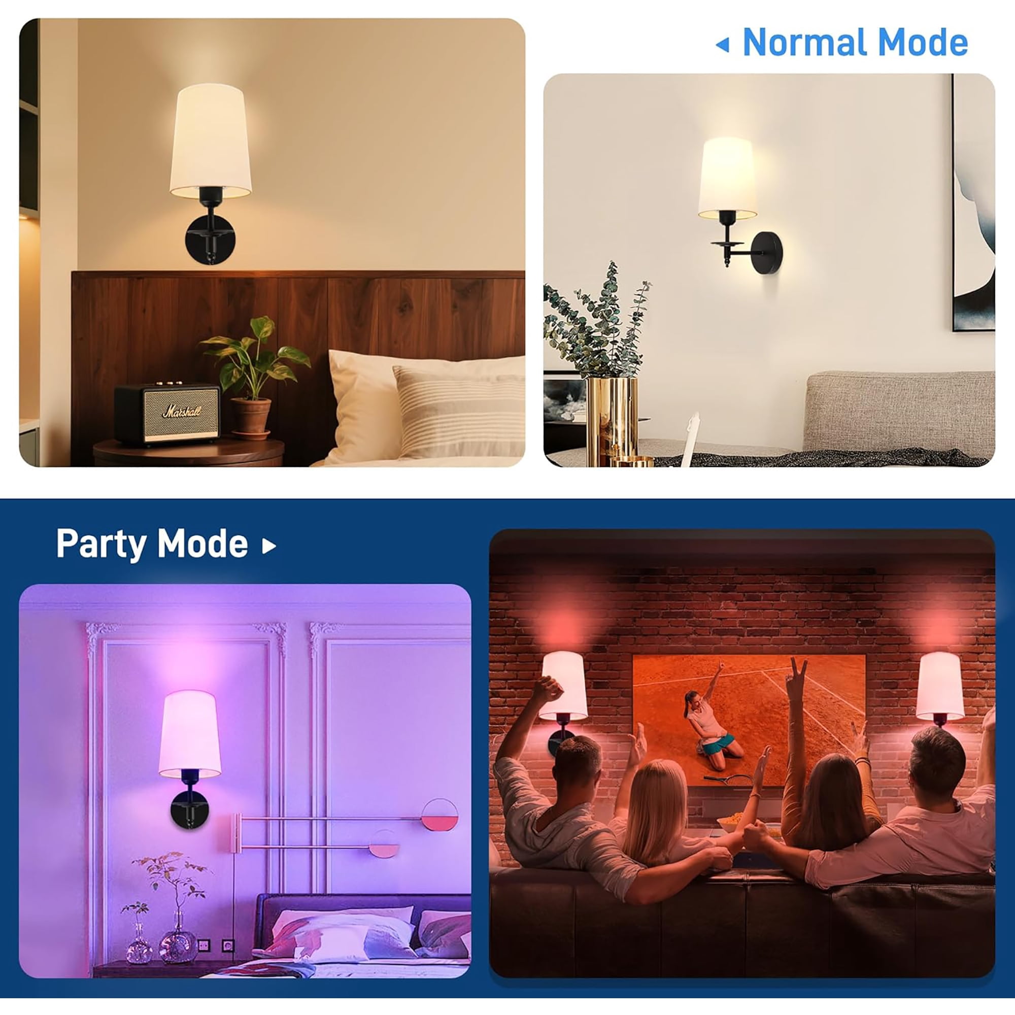 Hlite Smart Rechargeable Battery Operated Wall Sconce with Remote,3CCT & RGB Dimmable LED Bulb,Black Metal & White Fabric Shade Wall Lights for Bedroom,Living Room(Set of 2)