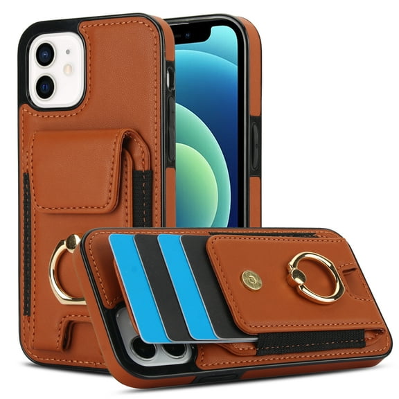 Allytechgroup iPhone XR Case with Wallet, Ring Holder Stand Cards Slots Cash Pocket Drop Protection Retro Leather Case for Girls Women for Apple iPhone XR, Brown