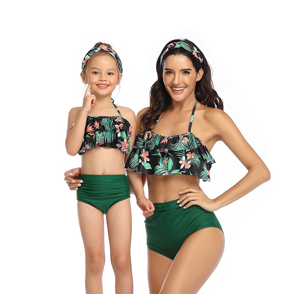 Mommy&Girl 2 Pieces Sunflower Print Ruffles Swimsuit Family Matching Spaghetti Straps Halter Off Shoulder Bathing Suit 