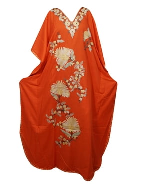 Mogul Women's Floral Orange Kimono Caftan Embellished Housedress Nightwear Lounge Wear Resort Style Nightgown ONE SIZE