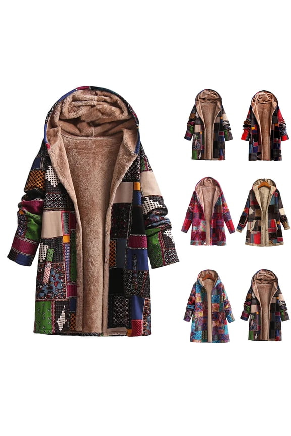 Boho Vintage Patchwork Fleece Jacket for Women Western Style Print Hooded Cardigan Buttton Down Ethnic Sherpa Lined Long Winter Coat Navy 2XL