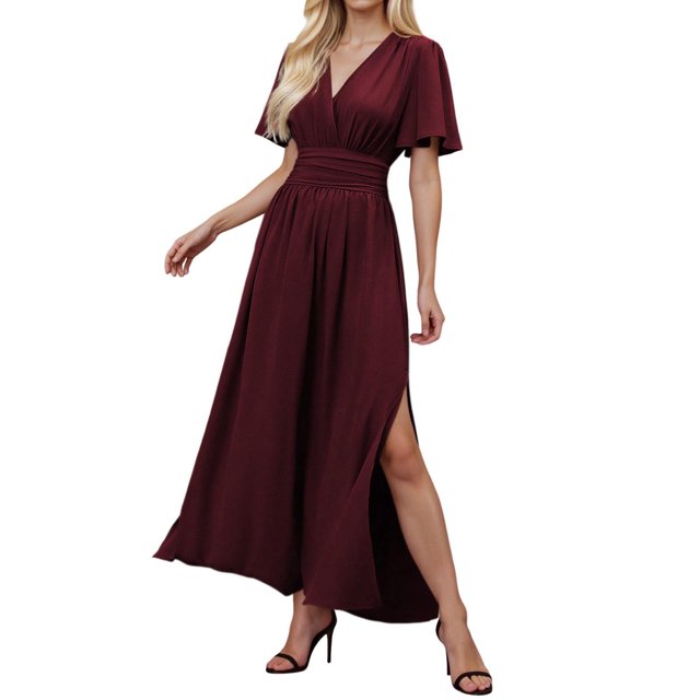 Robe Longue Élégante à Col en V Taille Haute pour Femmes - Manches Plissées, Fente Latérale, Froncée, Robe de Soirée de Mariage