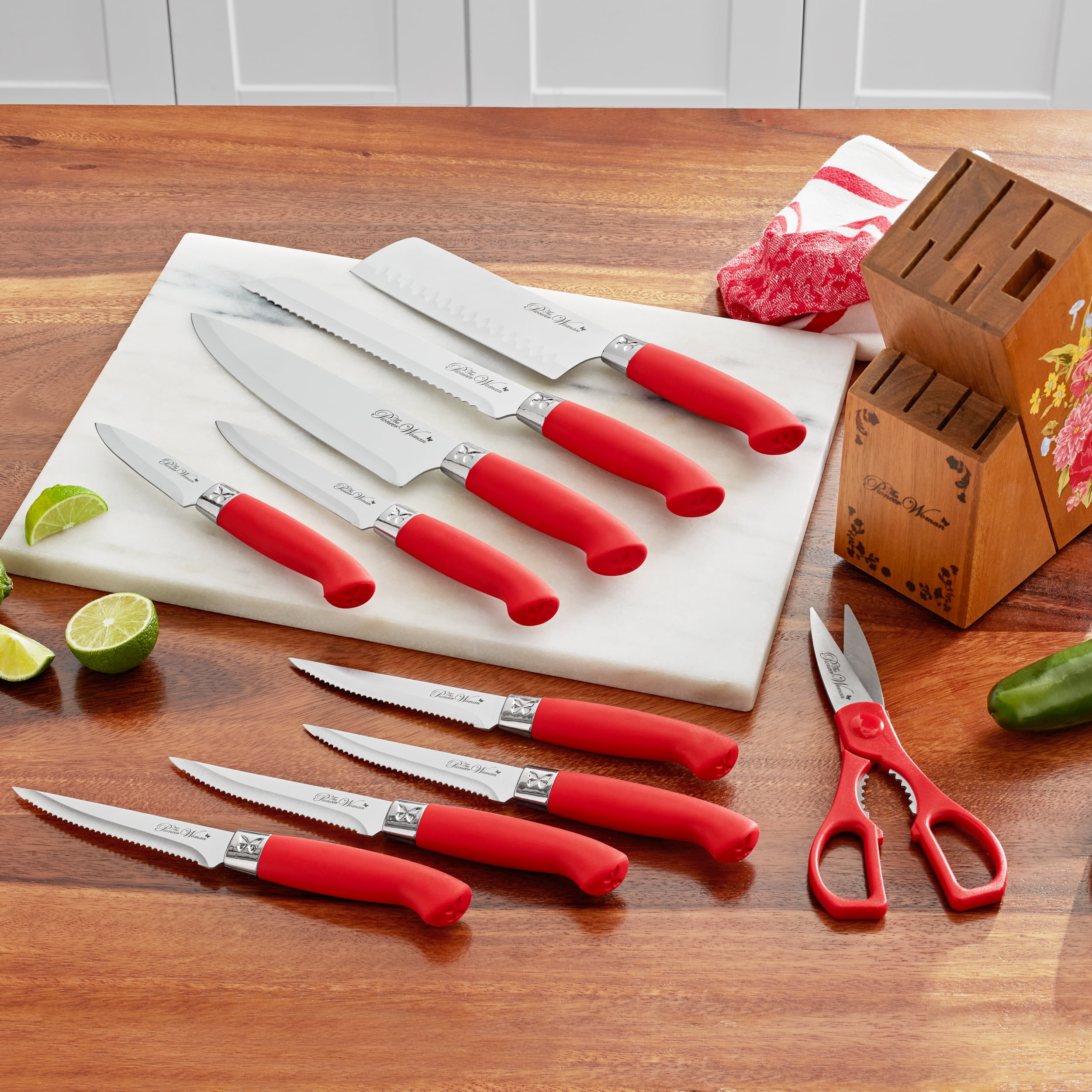 The Pioneer Woman Sweet Rose 11-Piece Stainless Steel Knife Block Set, Red