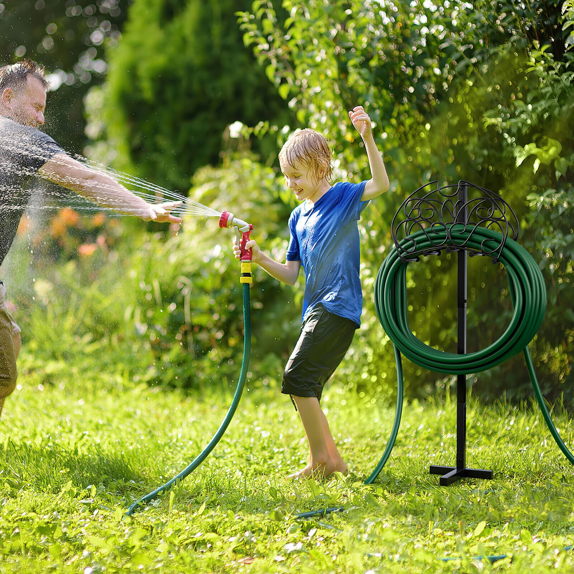 Gymax Garden Hose Holder Freestanding Water Hose Stand Detachable Metal Hose Holder