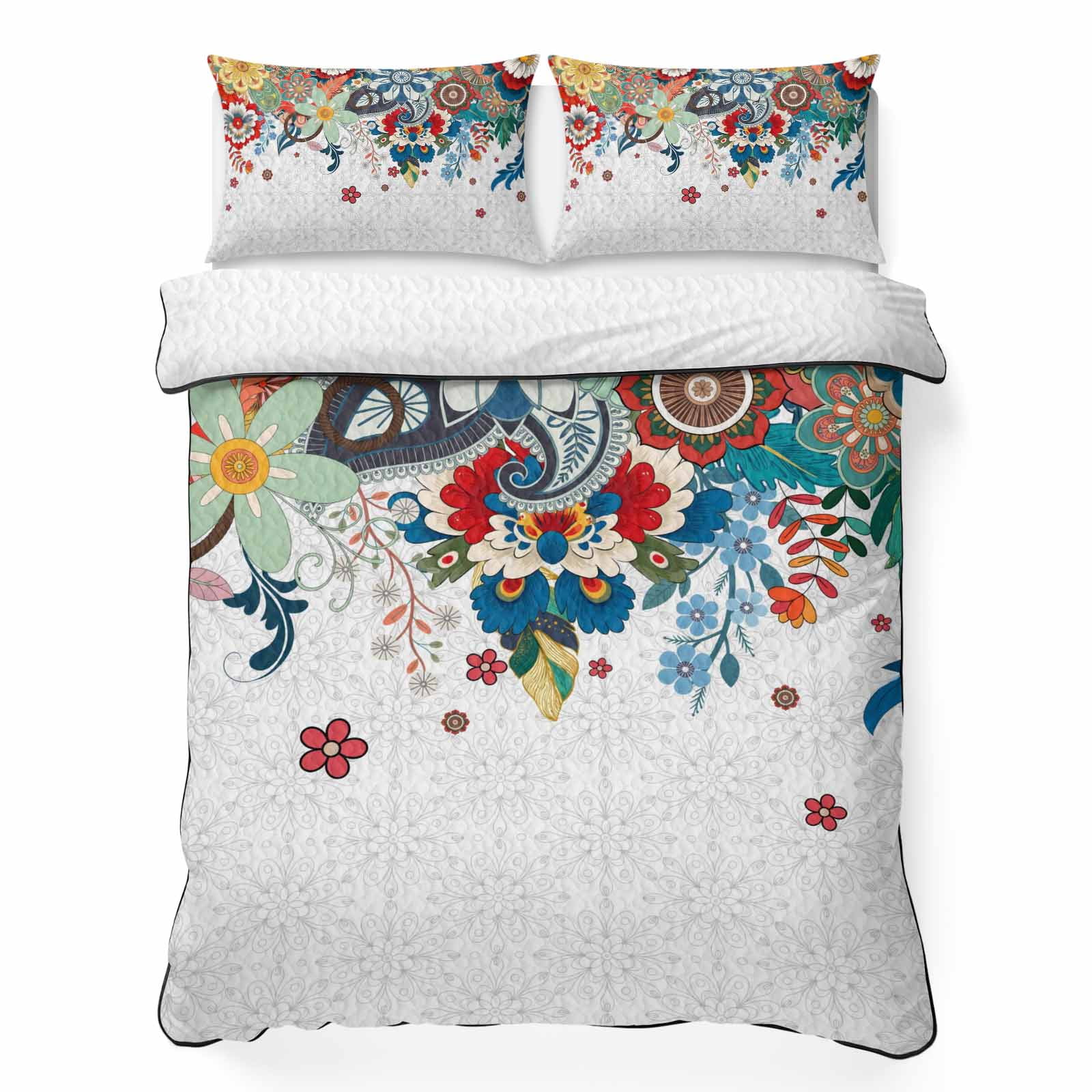 Boho Floral 3 Piece Quilt Bedding Set with 2 Pillow Shams Abstract Bohemian Bloom Flower Colorful Plant Lightweight Bedspread Coverlet Soft Breathable All Season Quilt 68 x 86 Inch