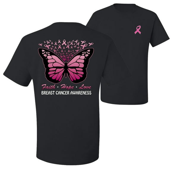 Wild Bobby Faith Hope Love Butterfly Ribbons Breast Cancer Awareness Front and Back Men's T-Shirt, Black, Small