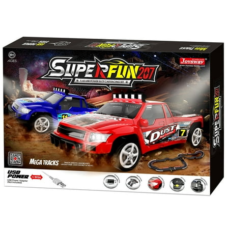 Joysway: SuperFun 207 - 1/43 USB Power Slot Car Racing Set, Layout Size: 94"x39", LED Headlights, Lap Counter, Ages 8 