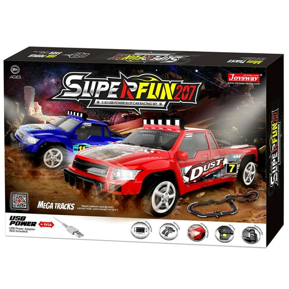 Joysway: SuperFun 207 - 1/43 USB Power Slot Car Racing Set, Layout Size: 94"x39", LED Headlights, Lap Counter, Ages 8 