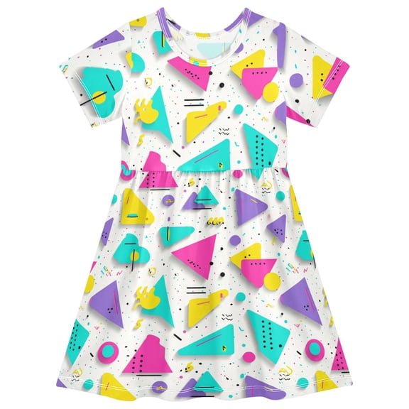 Abstract 90s Pattern Short Sleeve Dress A-Line Cute Midi Casual Sundress 2-8 Years
