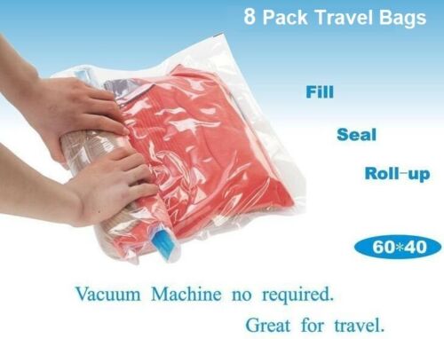 16 Pack Combo: 8 Large Space Saver Vacuum Bags + 8 Travel Roll-Up Bags for Wardrobes & Closets