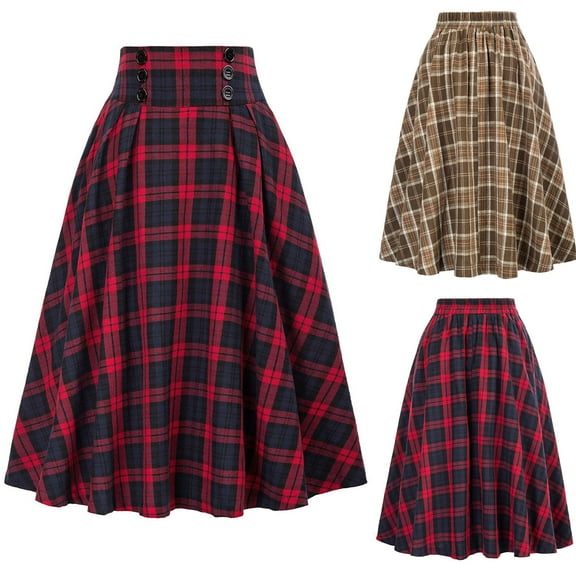 Meichang Plaid Skirts for Women High Waist Pleated A Line Midi Skirts Vintage Tartan Holiday Christmas Party Long Skirts
