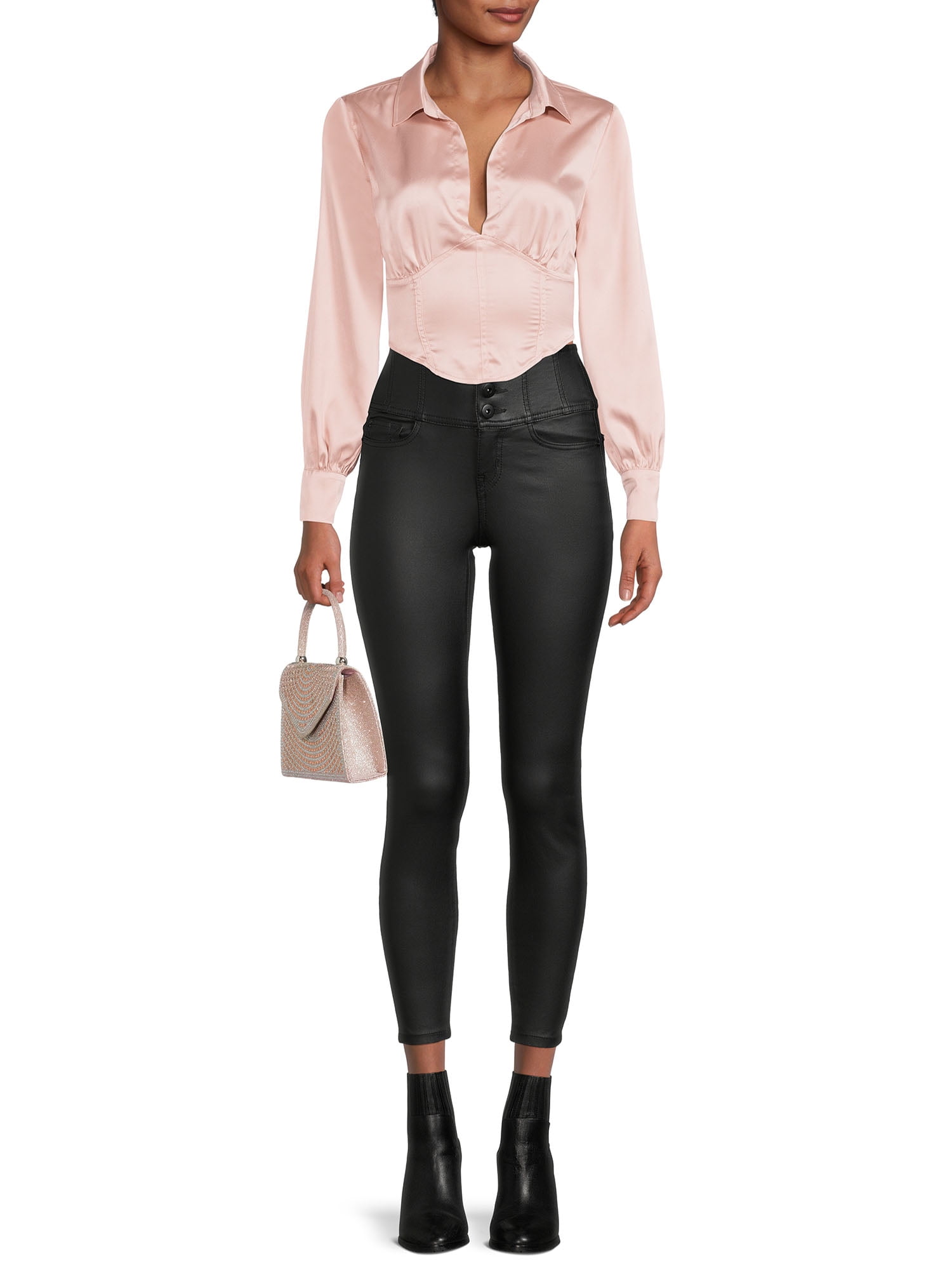 Crave Fame Women's Junior’ Long Sleeve Open Collared Corset Top