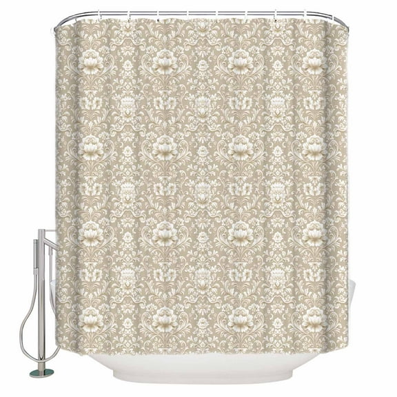 54x78 Inch Shower Curtain Decorative Beige Damask Bathtub Bath Curtains Fabric Waterproof Bathroom Decor Vintage Country Scroll Floral Patterned Small Stall Shower Curtain Set with 12 Hooks