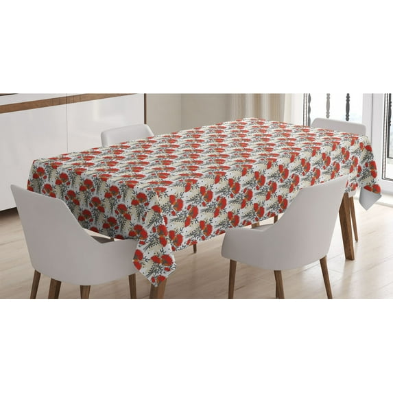 Floral Tablecloth, Sketchy Hand Drawn Repeating Poppies Pattern Leafy Strokes Pattern, Rectangle Satin Table Cover for Dining Room and Kitchen, 52" X 70", Vermillion and Dark Taupe, by Ambesonne