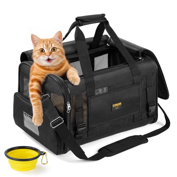 Conlun Cat Carrier,Foldable Soft-Sided Large Cat Carrier,Airline Approved Cat Carriers With Safety Leash,Comfort for Cat Travel Carrier,Black