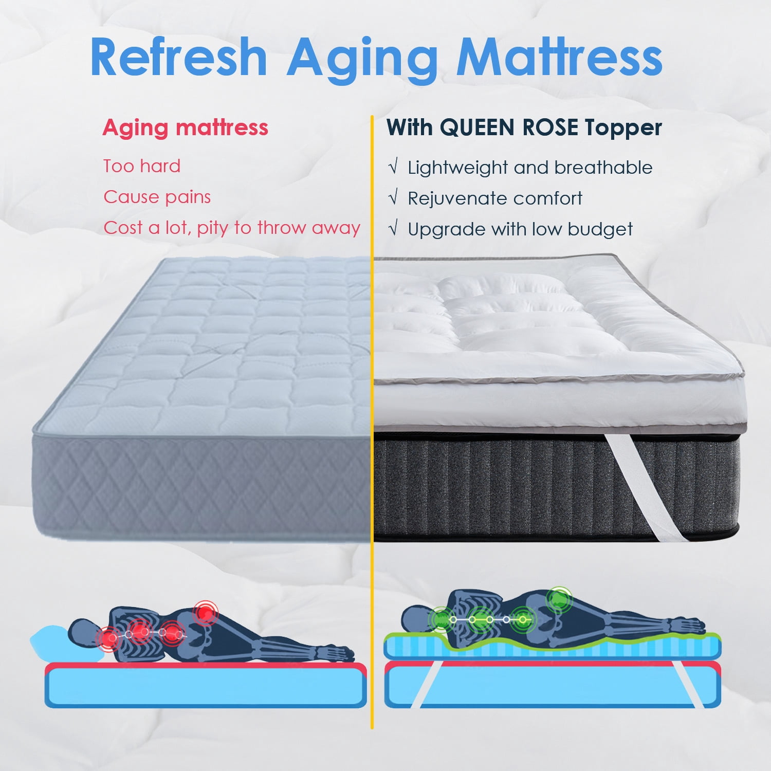 Queen Rose Mattress Topper King Cooling Plush Pillow Top Mattress Pad/Bed Topper, Hotel Quality Down Alternative Pillow Topper with Elastic band