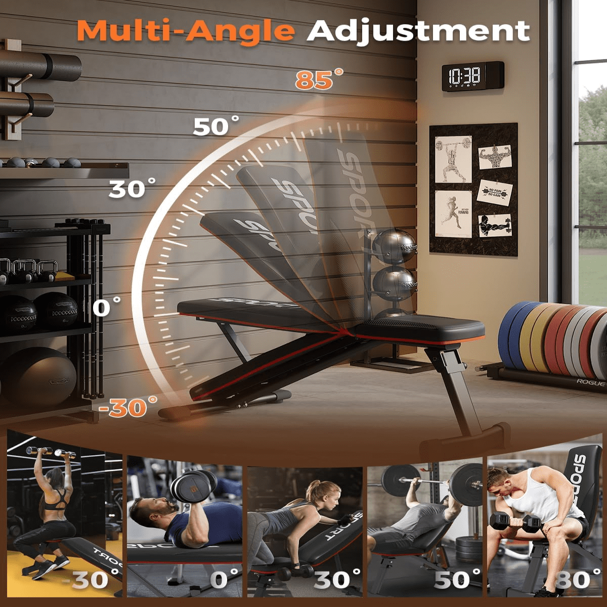 Full Foldable Workout Bench with 5 Backrests,Adjustable Bench for Home Workout Strength Training