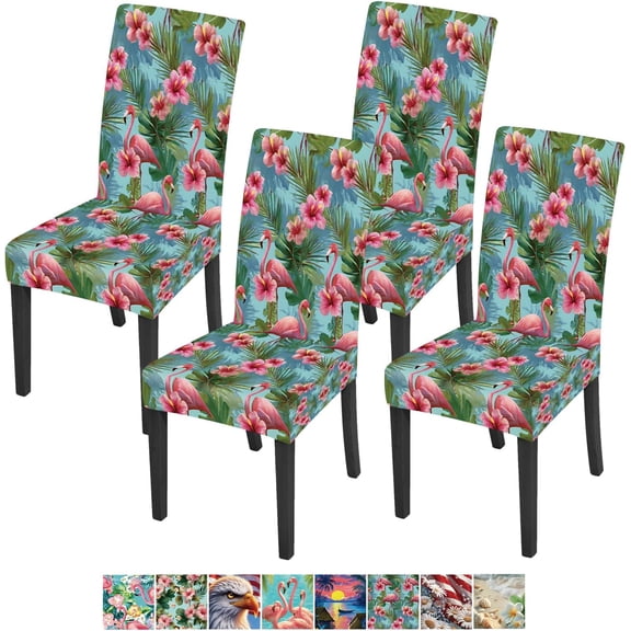 Flowers Flamingo Chair Covers Set of 4,Stretchable Kitchen Dining Room Chair Covers Decorations Removable Washable Dining Chair Slipcovers Chair Protectors for Dining Room & Kitchen