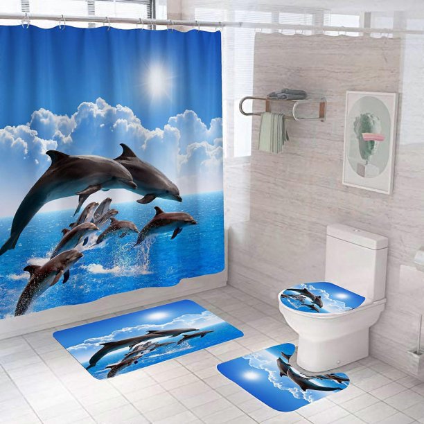 4 Pieces Dolphin Shower Curtains with Non-Slip MatsAnimals, Toilet Lid and Bath Mat, Vintage Waterproof Bathroom Shower Curtain with 12 Hooks