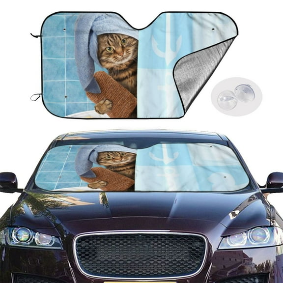 Picia Funny Cat Taking a Bath Curved Windshield Sunshade Accordion Folding Style Auto Shade for Car Truck SUV Van Blocks UV Ray Sun Visor Protector -Small