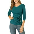 thumbnail image 2 of MODA NOVA Juniors Button Decor V Neck 3/4 Sleeve Solid Knitted Ruched Blouse, 2 of 6