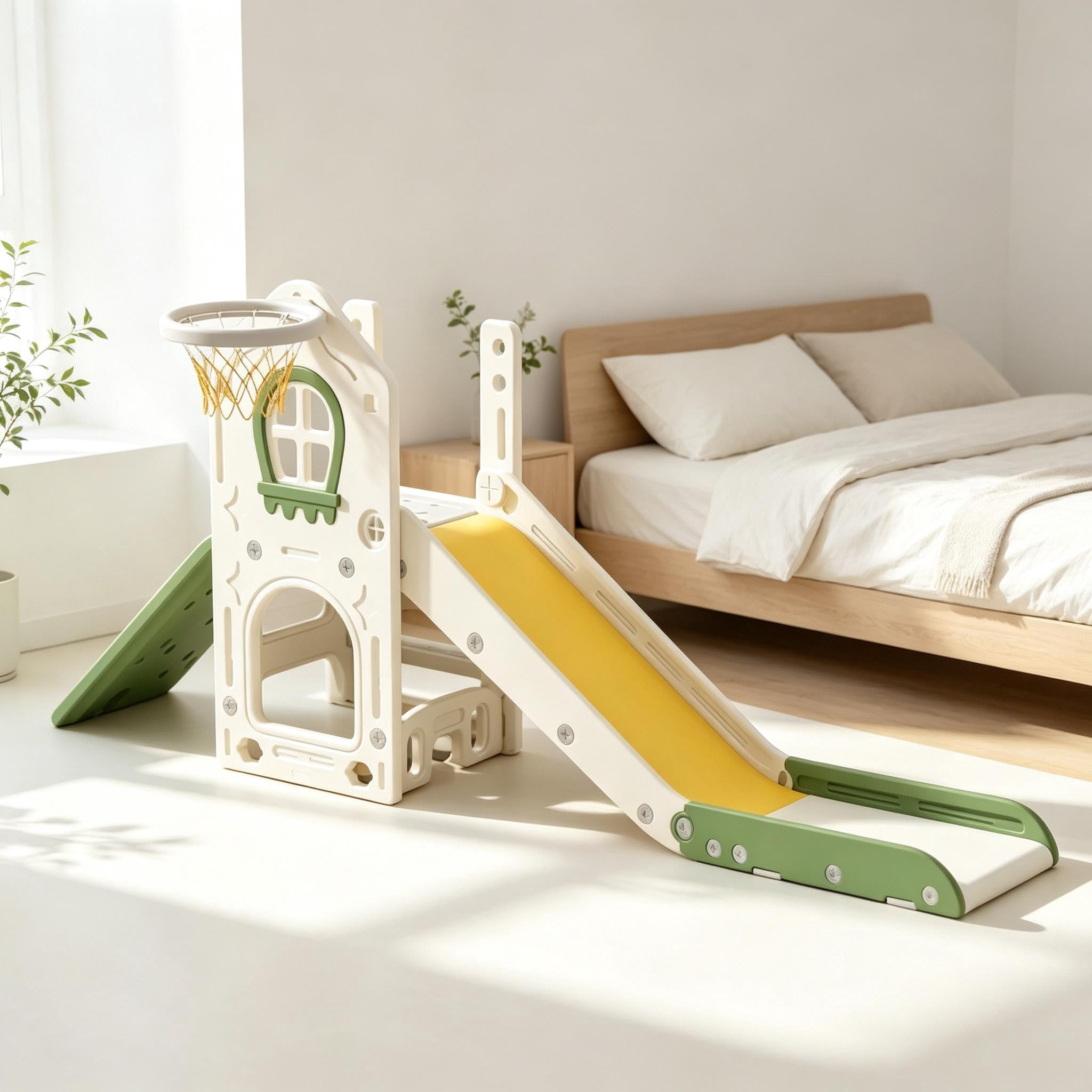 Indoor Slide with Basketball Hoop, Foldable Toddler Slide, Compact Indoor Playground Set