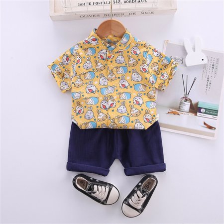 

Hunpta Kids Toddler Boy Clothes Short Sleeve Rabbit Printed Lapel Buttons Shirt Pockets Shorts Set Gentleman Outfits Set