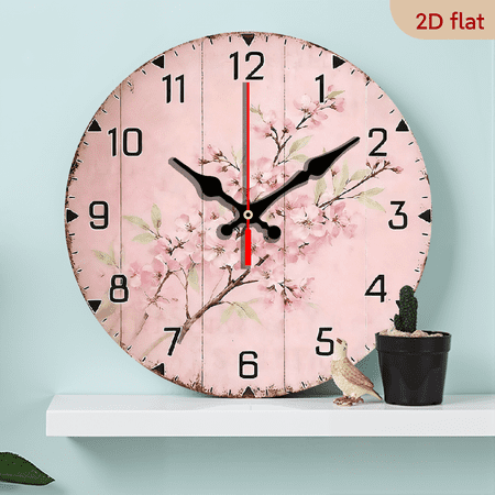 2D Flat 1pc Wooden Japanese Cherry Blossom Wall Clock - Pink Green Floral Design with Hands, 10Inch Round Mechanical Quartz Movement, Auto-Shut Off