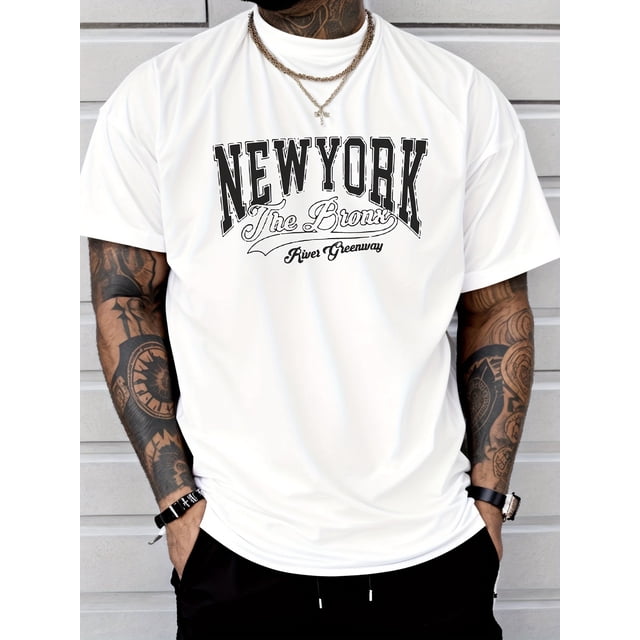 ' New York' Creative Print Men's Casual T-Shirt, Summer Fashion Crew Neck Short Sleeve Top, Modern Streetwear Style For Men
