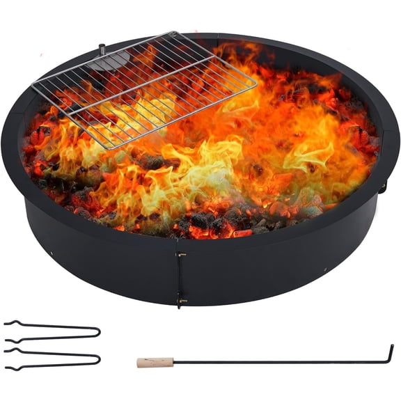 QinaQin Fire Pit Ring, Round Smokeless Wood Burning Fire Pit Insert, Heavy Duty Steel DIY Fire Ring with Smooth Edges and Poker,Black