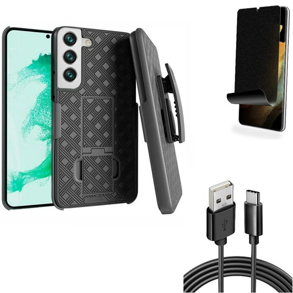 Case Belt Clip & Privacy Screen Protector & 6ft USB Cable for Samsung Galaxy S22 Plus (S22 ) - Combo Holster Swivel Cover & TPU Film (Fingerprint Works) Anti-Peep & Type-C Charger Cord Power