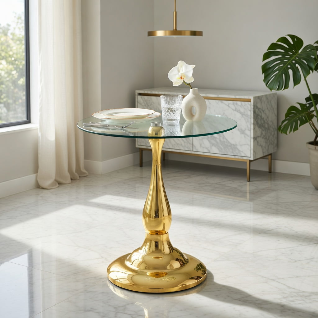 Hommoo Modern Metal Side Table with Tempered Glass Top, 20.3 in Height, Round 19.6 in Diameter, Indoor & Outdoor Use, Gold