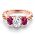 thumbnail image 3 of Gem Stone King 18K Rose Gold Plated Silver White Moissanite and Red Created Ruby Filigree Style 3 Stone Ring for Women (2.50 Cttw, Oval 8X6MM and 6X4MM) (Size 5), 3 of 6