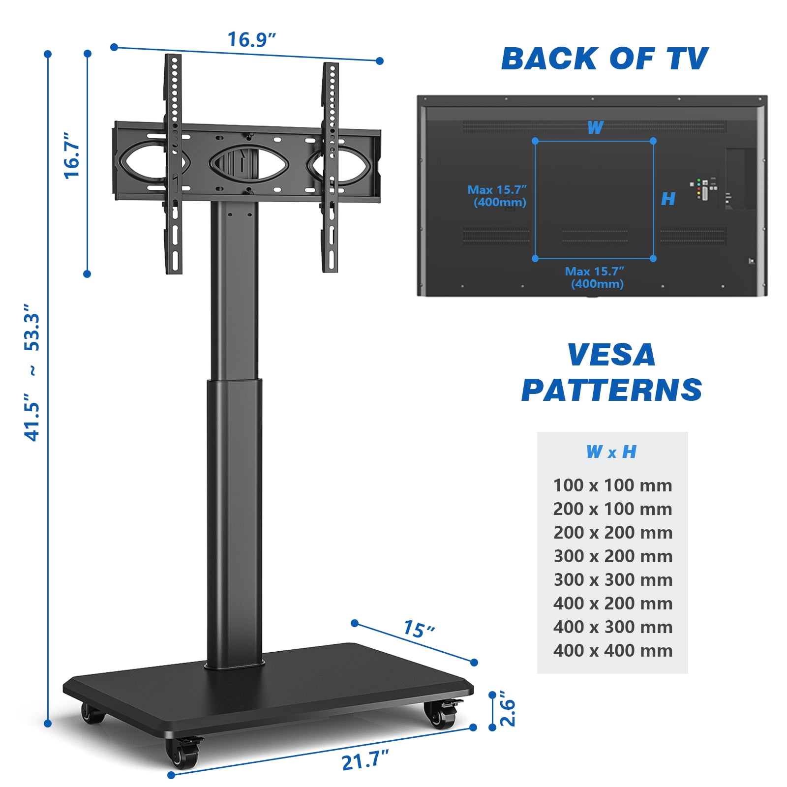 RTVR Modern Floor Rolling TV Stand for TVs up to 70 inch, Wooden Base, Black