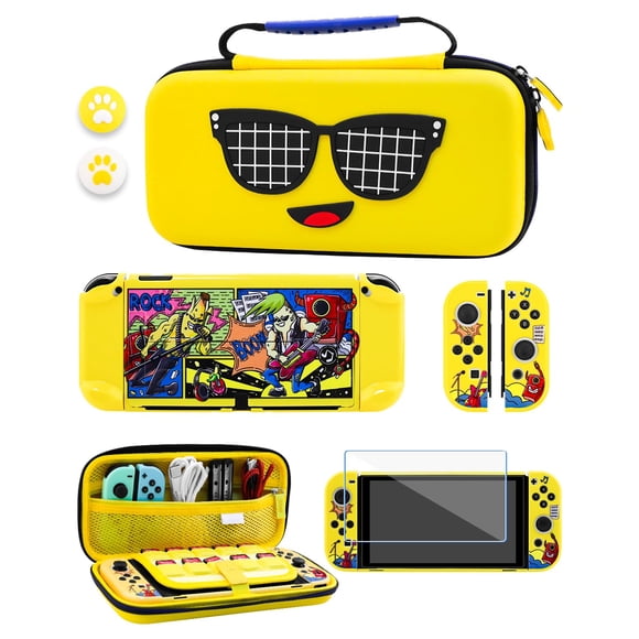 GLDRAM Ensemble d'Étuis Switch OLED Jaunes, Sac de Transport de Voyage Portable pour Nintendo Switch OLED, Housse de Protection pour PC, Protecteur d'Écran, Capuchon pour Pouce pour Console et Accessoires