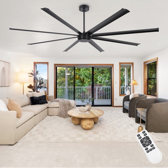 Ohniyou 96" Industrial Ceiling Fan No Light, Remote/APP Controlled, DC Motor High CFM Large Metal Fan with 8 Aluminum Blades for Shop Warehouse Gym, Black