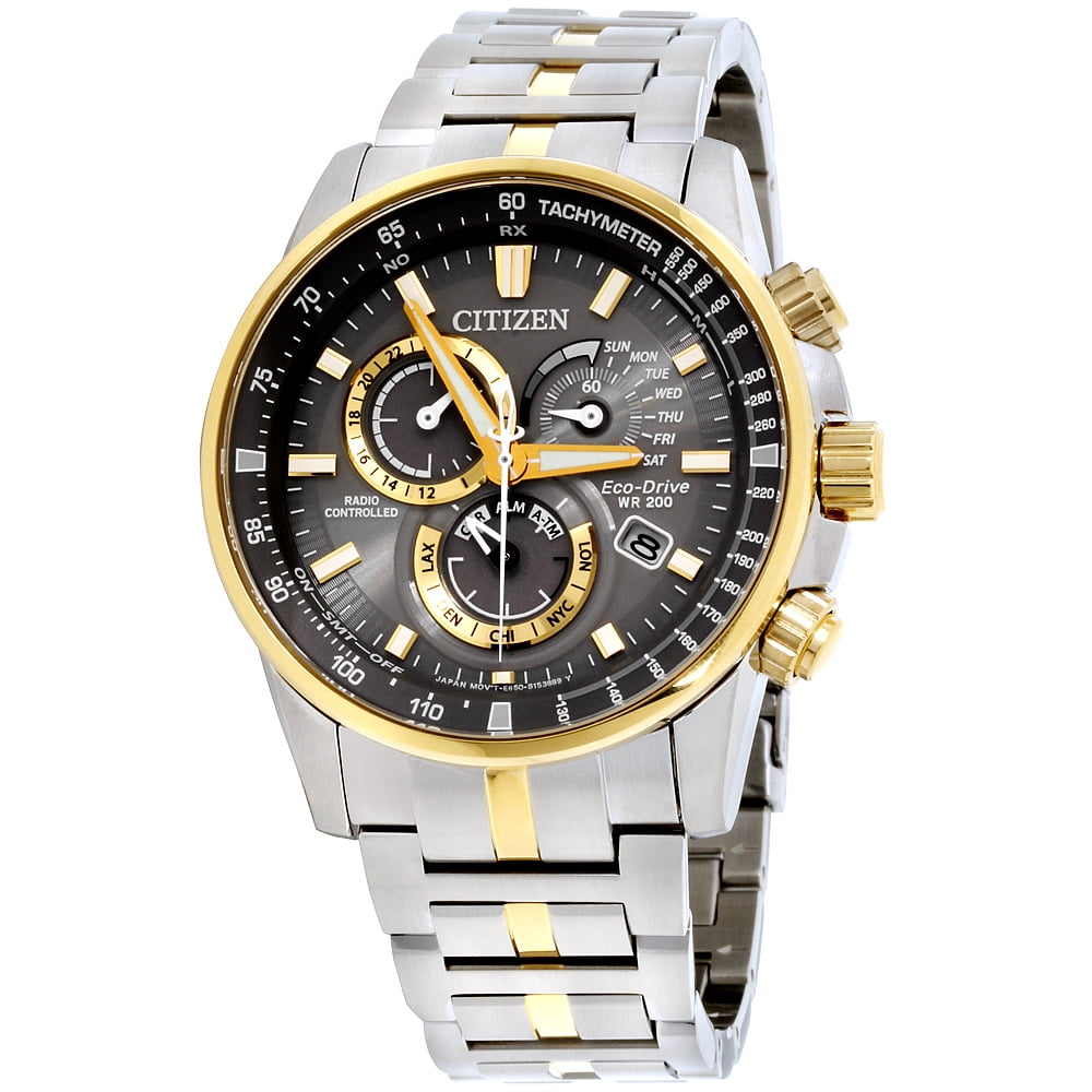 silver tone eco drive chronograph watch