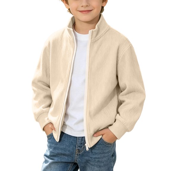 Boys Girls Corduroy Jackets Solid Color Zipper Long Sleeve Stand Collar Outerwear Kids Fall Winter Trendy Casual Outfits Beige 14-15 Years