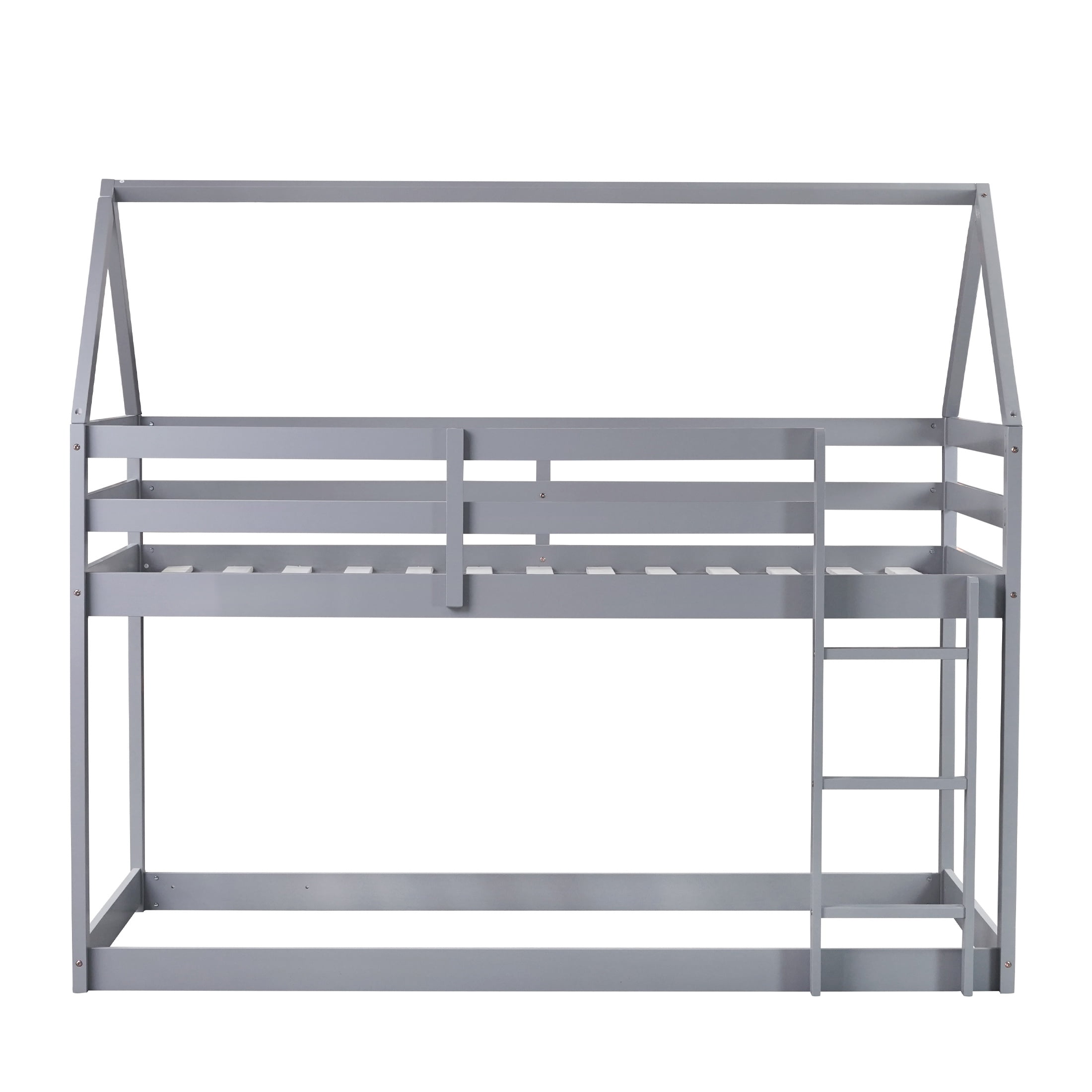 PORKISS Bunk Bed Twin Over Twin, Kids Low Floor Bunk Bed with Guard Rails for Children Boys Girls Dormitory Bedroom, Rubber Wood Bunk Bed, No Box Spring Needed, Grey #